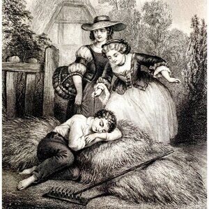 The Little Tease Prank Engraving 1859 Victorian Farm Life Children Art DWY5E